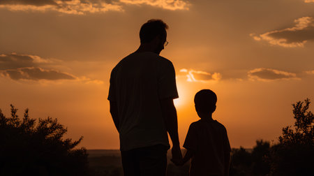 Silhouette of father and son looking at beautiful sunset in the countrysideの素材