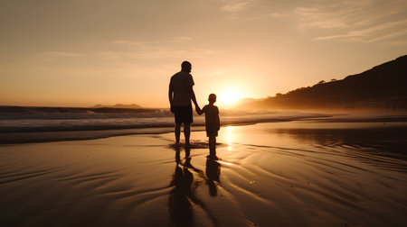 Silhouette of father and son walking on the beach at sunsetの素材