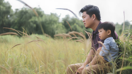 Asian father and son sitting on grass in the field. Happy family concept.の素材