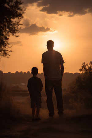 Silhouette of father and son standing on the road at sunsetの素材