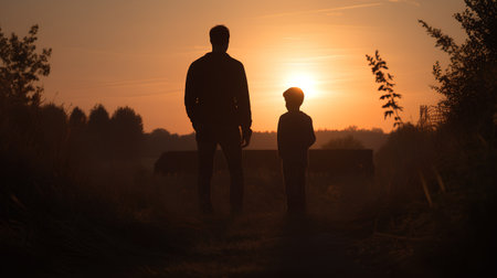 Silhouette of father and son walking in the field at sunsetの素材