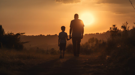 Silhouette of a father and son walking in the field at sunsetの素材