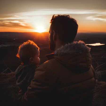 Father and son on the top of the mountain at sunset. Family concept.の素材