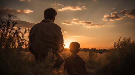 Father and son in the field at sunset. The concept of friendly family.の素材