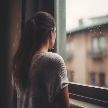 Young woman sitting on the windowsill and looking at the rain.の素材