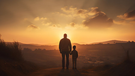 Father and son standing on top of a hill and looking at the sunsetの素材