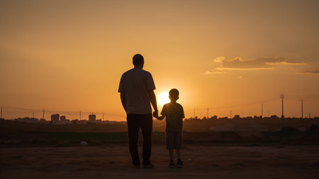 Silhouette of father and son standing on the field at sunset.の素材
