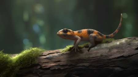 Leopard gecko on a log with green moss in the backgroundの素材