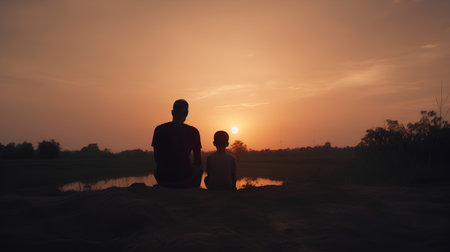 Silhouette of father and son looking at sunset in the fieldの素材