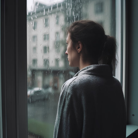 Young woman standing by the window in rainy day and looking out.の素材