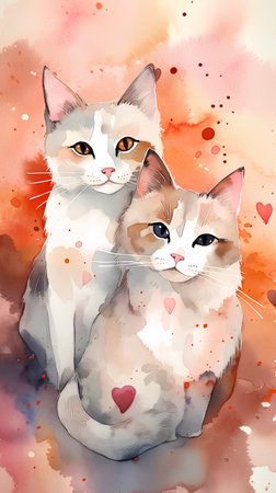Watercolor illustration of two cats with hearts on watercolor background.の素材