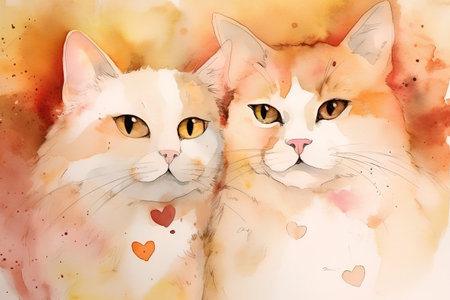 Watercolor illustration of two cats in love on watercolor background.の素材