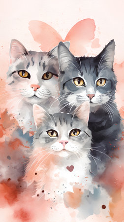 Watercolor portrait of three cats. Hand drawn illustration on watercolor background.の素材