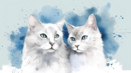 Watercolor portrait of two cats with blue eyes on a blue backgroundの素材