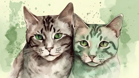 Portrait of two beautiful cats with green eyes, watercolor backgroundの素材