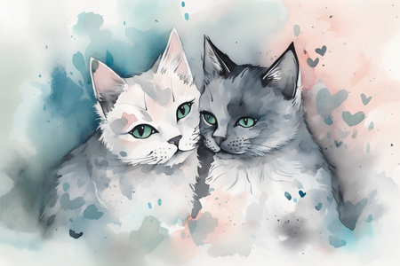 Watercolor portrait of two kittens on a watercolor background. Vector illustration.の素材