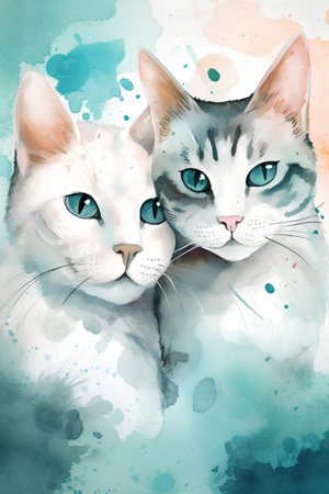 Watercolor portrait of two cats with blue eyes on watercolor backgroundの素材
