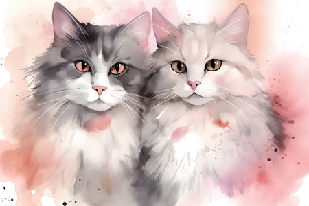 Watercolor portrait of two cats on a pink background. Hand-drawn illustration.の素材