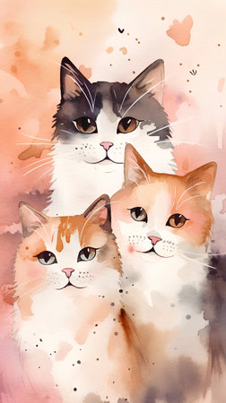 Watercolor illustration of a group of cats. Cute kittens.の素材