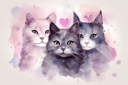 Three cats in love. Watercolor hand drawn illustration. Vector.の素材