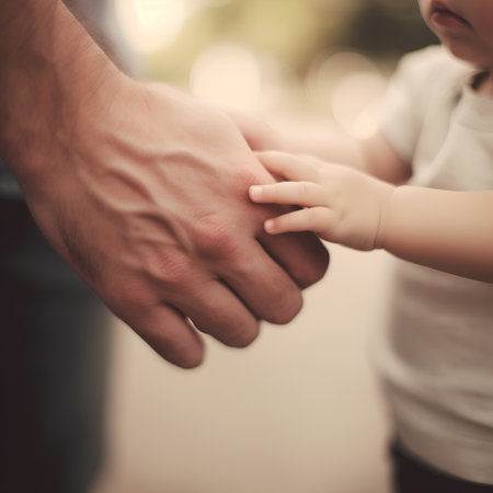 father holding hand of his baby, vintage tone, shallow depth of fieldの素材