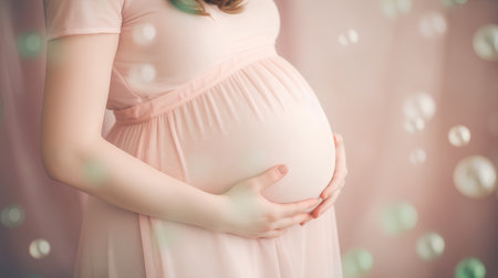 Pregnant woman in pink dress with bokeh background.の素材