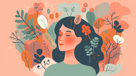 Beautiful woman with long hair in the forest. Vector illustration.の素材
