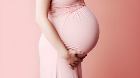 pregnant woman in a pink dress on a pink background.の素材