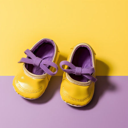 Pair of baby shoes on yellow and purple background, top viewの素材
