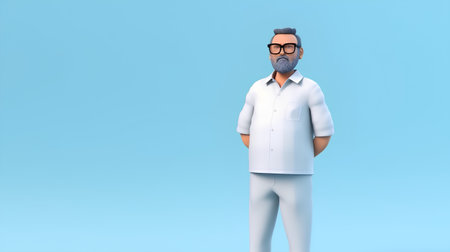 3d illustration of a senior male doctor with white coat and glassesの素材