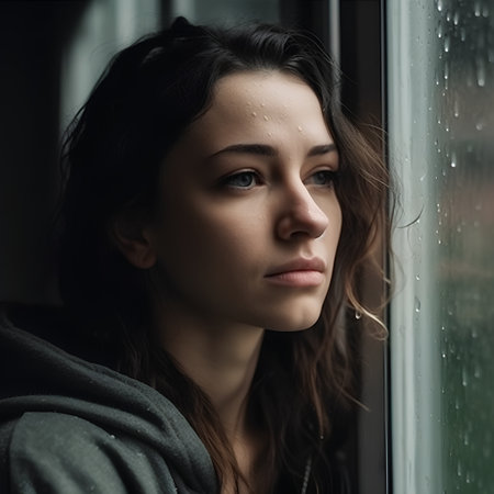 Portrait of beautiful young woman looking out the window with raindropsの素材