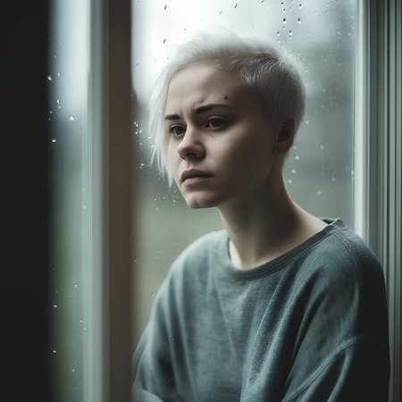 Portrait of a sad and depressed young woman looking through the windowの素材