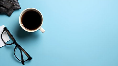 Cup of coffee, eyeglasses and tie on blue backgroundの素材
