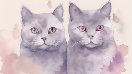 Watercolor portrait of two cats with purple eyes on a white backgroundの素材