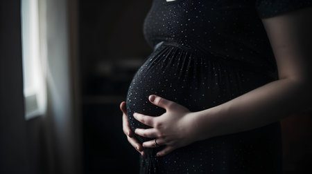 Pregnant woman in black dress standing near window at home.の素材
