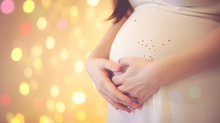 pregnant woman with her hands on her belly and bokeh backgroundの素材
