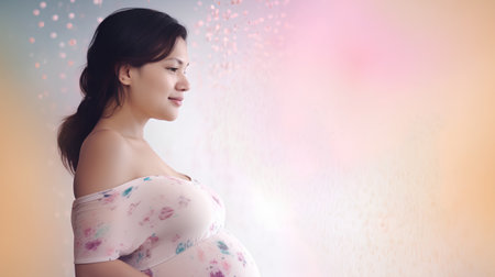 Portrait of beautiful asian pregnant woman with bokeh backgroundの素材