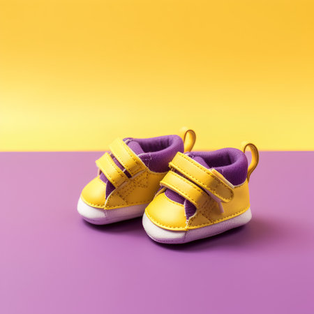 Baby shoes isolated on yellow and pink background. Kids fashion concept.の素材