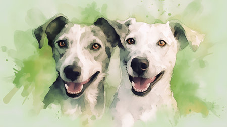 Two dogs, white and black, on a green watercolor backgroundの素材
