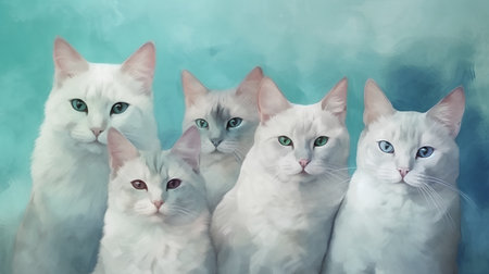 Group of white cats with blue eyes on a turquoise backgroundの素材
