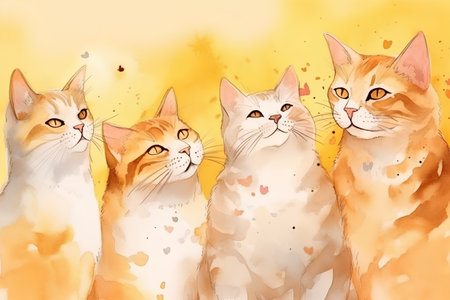 Watercolor illustration of a group of cats on a yellow background.の素材