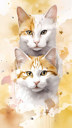 Watercolor portrait of two cats with yellow spots on a yellow backgroundの素材