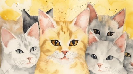 Watercolor painting of a group of three cats on a yellow backgroundの素材
