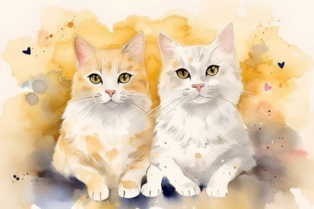 Two cats sitting on watercolor background. Watercolor painting style.の素材