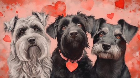Group of black and white miniature schnauzer dogs with red heartsの素材
