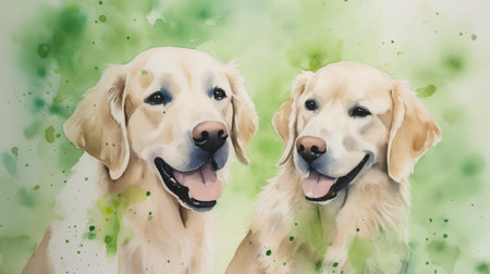 Watercolor portrait of golden retriever and labrador retriever.の素材