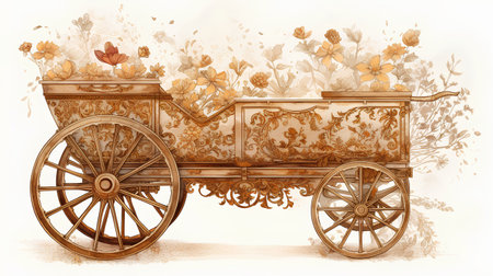 Vintage wooden carriage with flowers and leaves. Hand drawn vector illustration.の素材