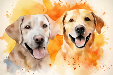 Watercolor portrait of two dogs. Digital painting on watercolor background.の素材