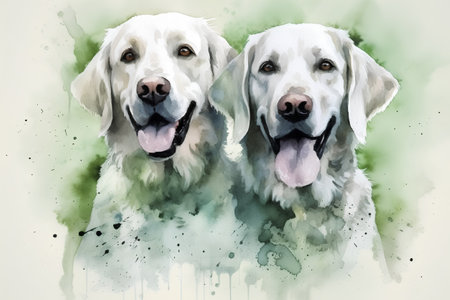 Watercolor portrait of two cute labrador retriever dogs. Digital painting.の素材
