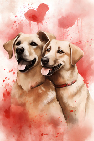 Two cute dogs in love. Digital watercolor painting on white background.の素材